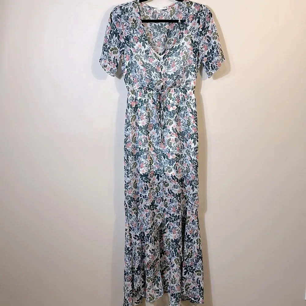 BCBGeneration Slit Floral Maxi Sheer Partially Lined Women Spring Dress Size XS